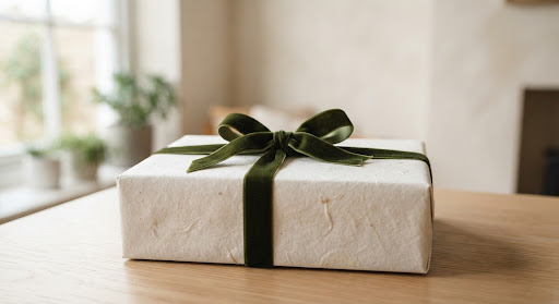 A gift box wrapped in textured paper with a moss-green ribbon
