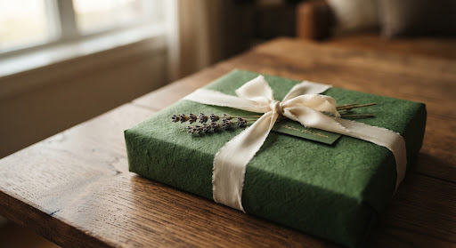 A hand-wrapped gift parcel prepared for delivery