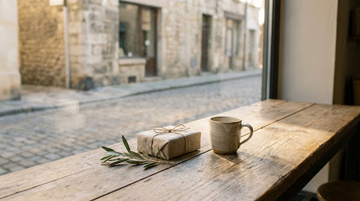 A sunlit table arranged with a thoughtful gift, ceramic mug and foliage